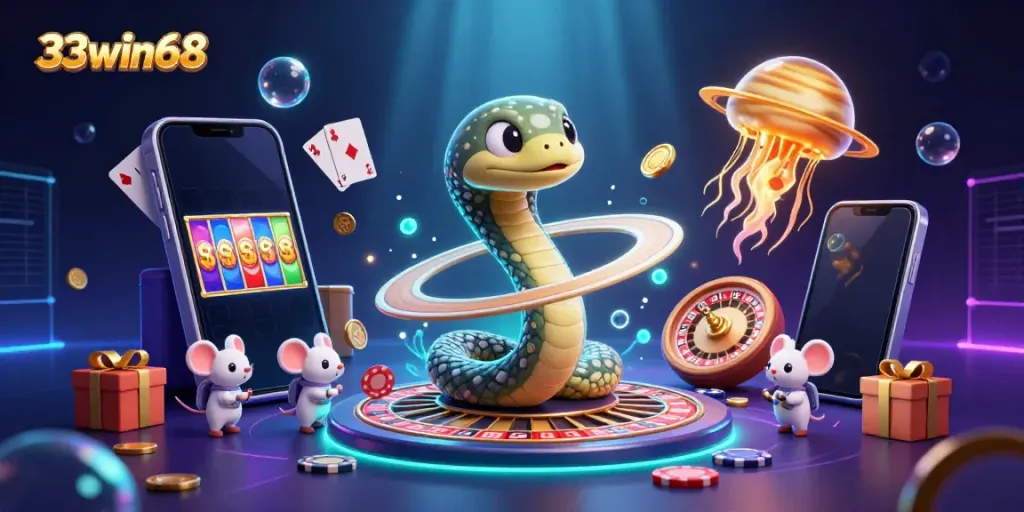Experience the excitement of 33win68 with animated characters at a cosmic casino, engaging in thrilling bets.