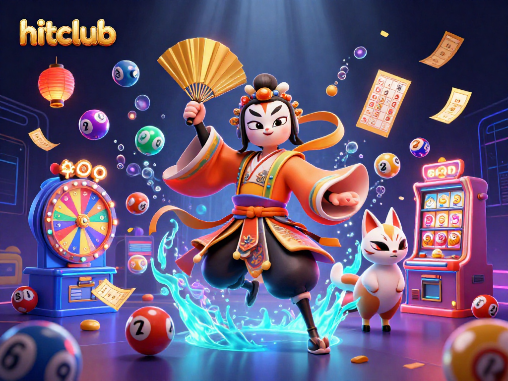Experience hitclub with a vibrant 3D casino illustration showcasing dynamic lottery elements and themed characters.
