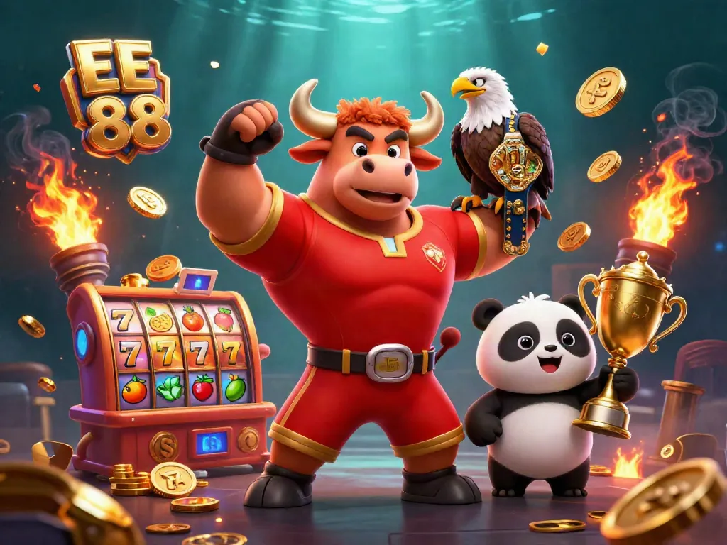 Engage thrillingly in EE 88 with a dynamic scene featuring a bull mascot, eagle, and panda celebrating gaming.