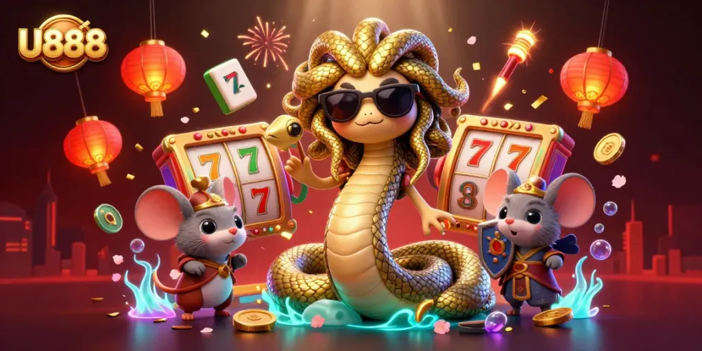 Spin the U888 slot reels with vibrant elements and iconic characters in an immersive casino scene.