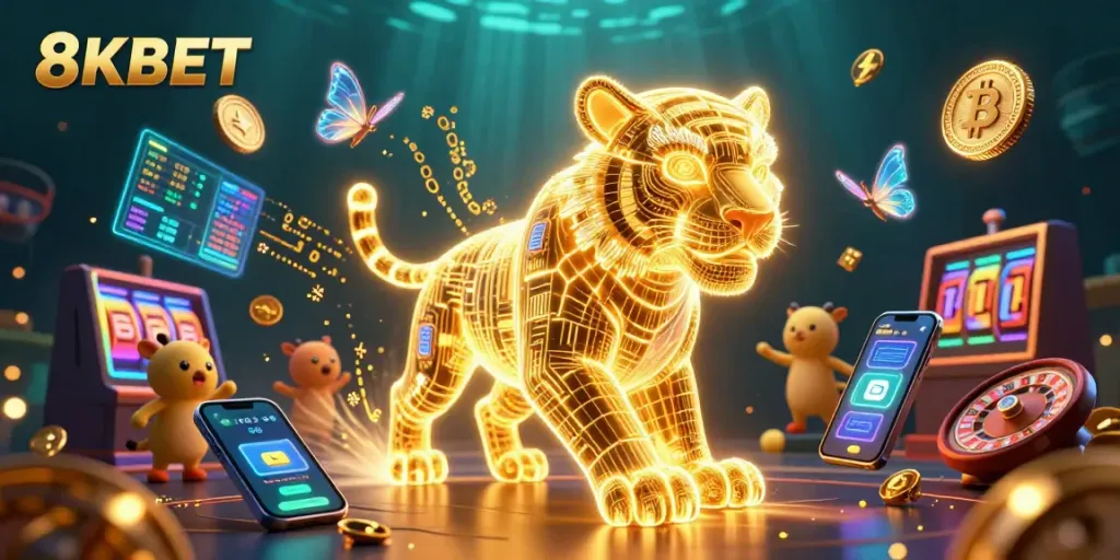 Engage in thrilling games at 8KBET while exploring vibrant casino elements and unique digital visuals.