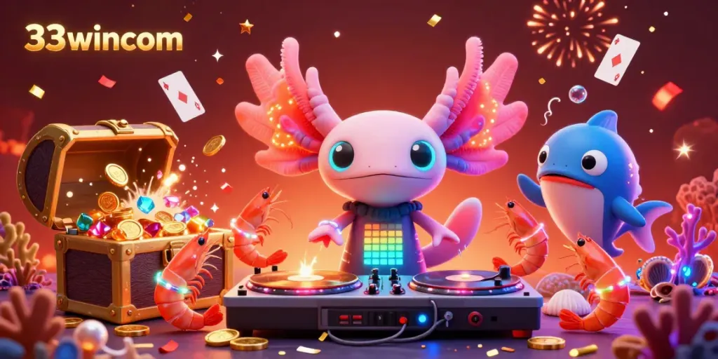 Experience winning excitement with 33wincom in a vibrant underwater casino scene featuring lively characters.