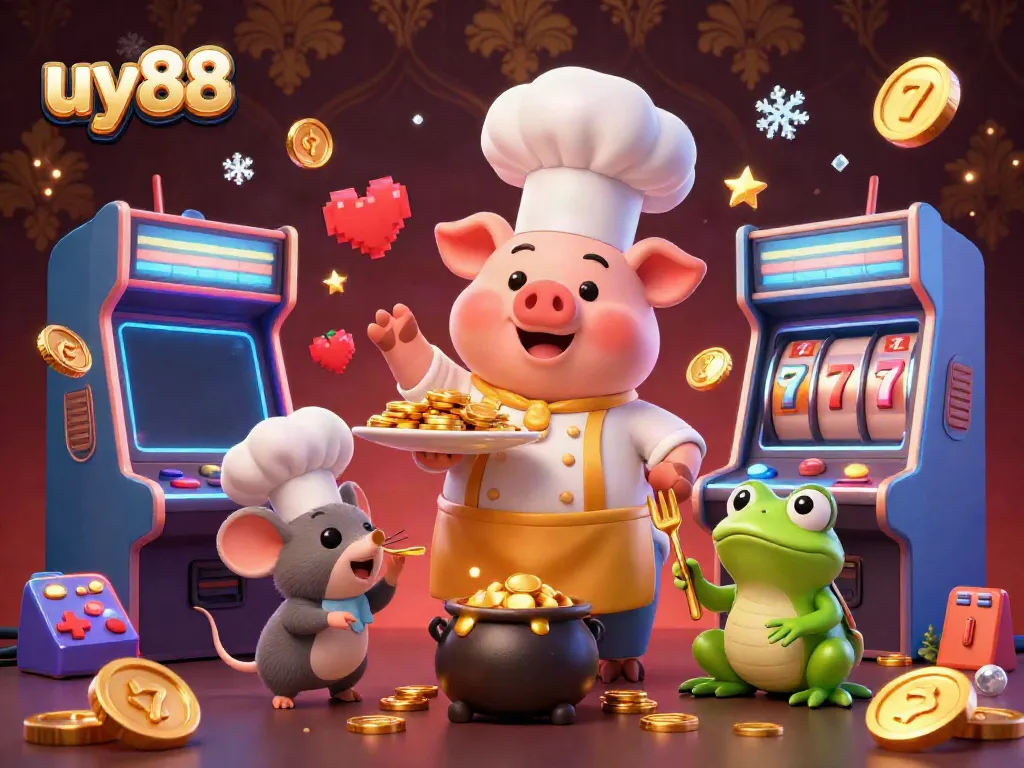 Engage with uy88 as a chef pig serves gold coins alongside a sous-chef mouse and critic frog in a vibrant casino setting.