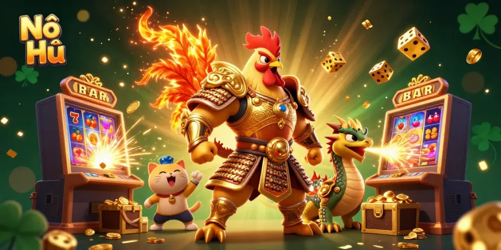 Spin the Nổ Hũ slots in a vibrant scene filled with exciting elements and characters.