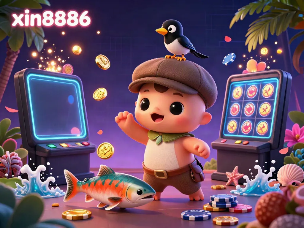 Engage with exciting features at xin8886, featuring vivid 3D characters and slot game elements encapsulating a dynamic casino experience.