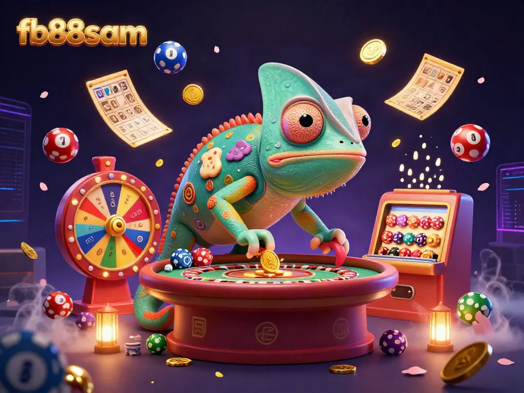 Engage with fb88sam's vibrant casino scene featuring a colorful chameleon owner and dynamic lottery elements.