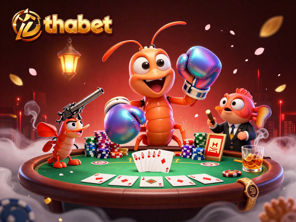 Engage with the thrilling world of thabet's online casino featuring dynamic 3D illustrated characters and poker elements.