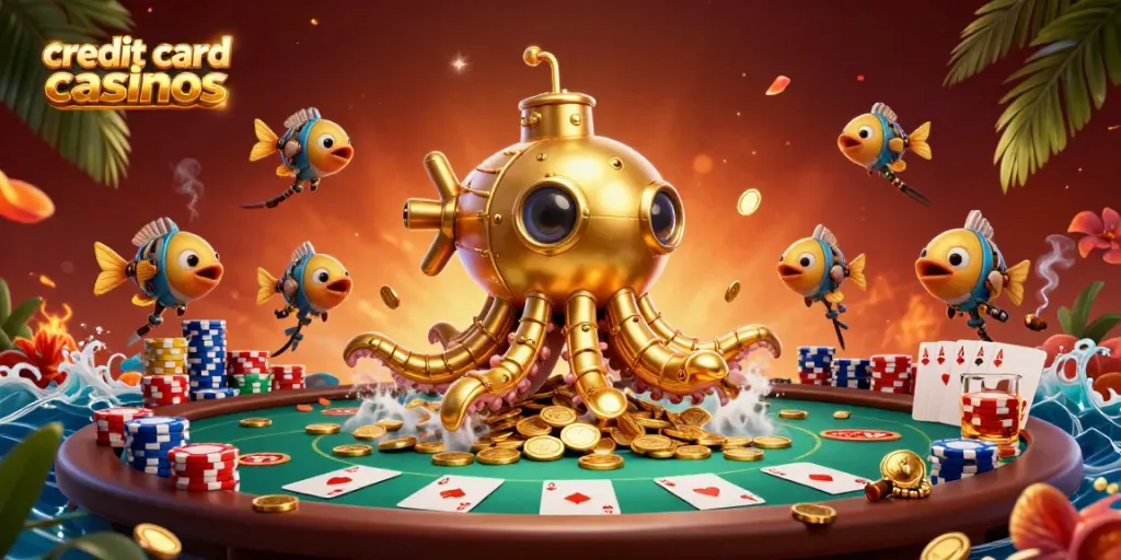 Engage with credit card casinos featuring a golden kraken amidst poker elements and gold coins.