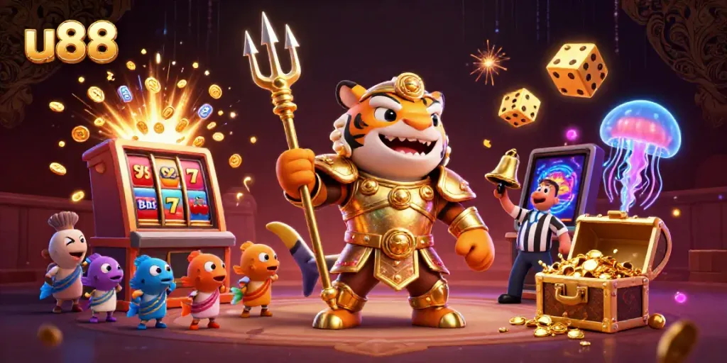 Engage in thrilling u88 casino excitement with a vibrant underwater scene featuring a gladiator shark.