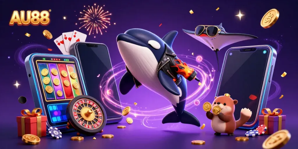Experience thrilling entertainment at AU88 with a fun 3D illustration featuring sea creatures and exciting casino elements.