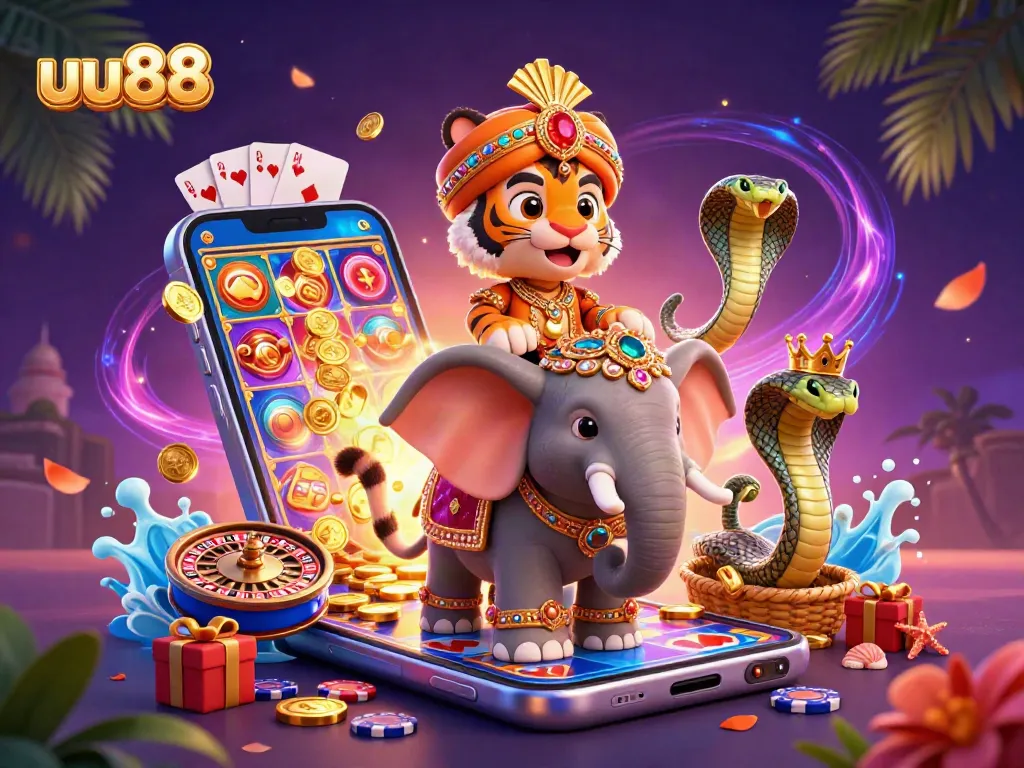 Experience thrilling gameplay at uu88 with a vibrant scene of casino elements and characters.