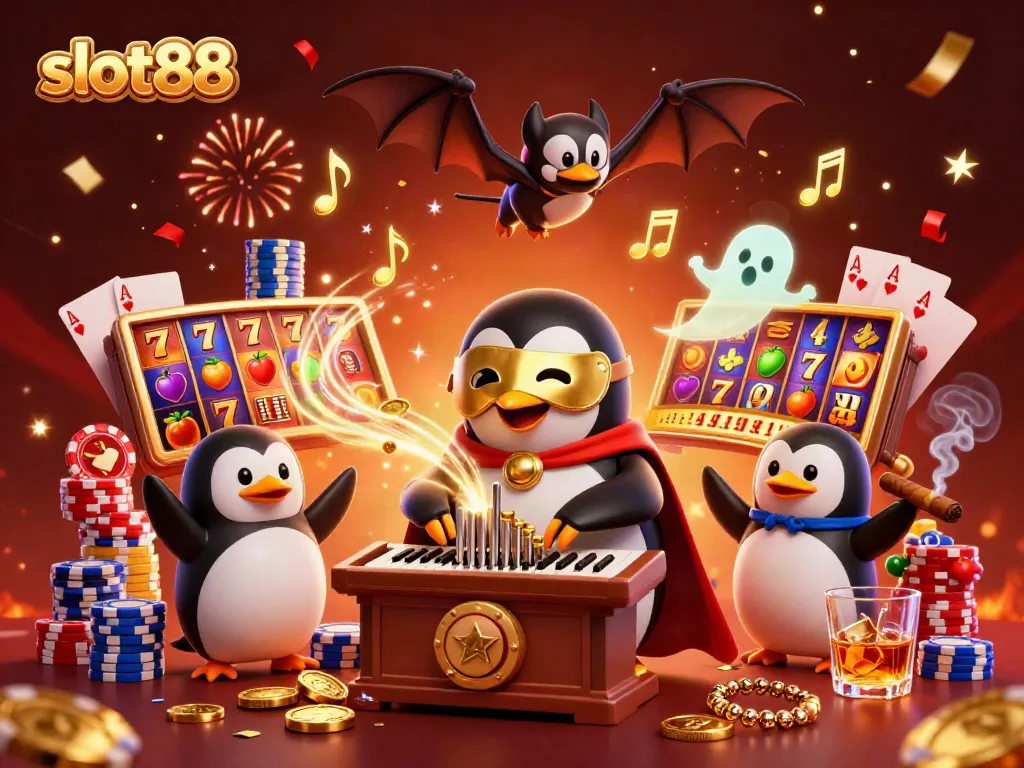Engage with slot88 as a cartoon penguin plays a grand organ showering coins, creating a vibrant casino atmosphere.