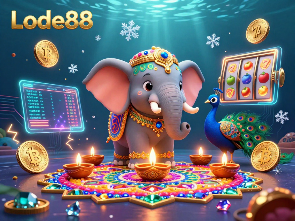 Lode88 launches exciting casino adventures with vibrant visuals, featuring a Diwali-themed elephant and dazzling cryptocurrencies.