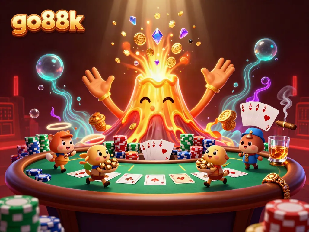 Engage with the thrilling world of go88k as a golden volcano erupts coins, embodying victory in a vibrant casino scene.