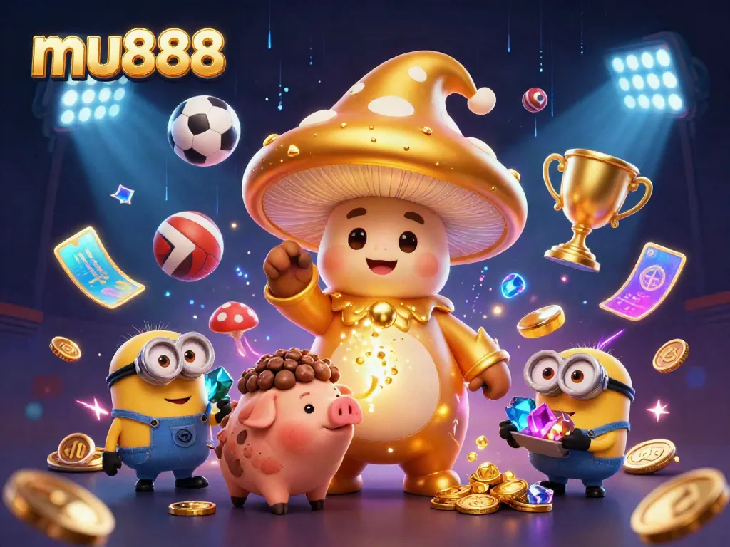 Experience exciting gameplay at mu888 with a magical golden mushroom wizard, treasure, and sports elements.