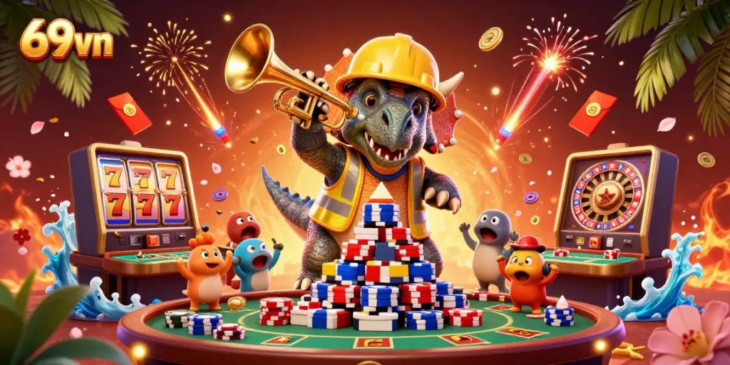 Experience the excitement of 69vn with a vibrant casino scene featuring animated dinosaurs celebrating amidst slot machines and poker tables.