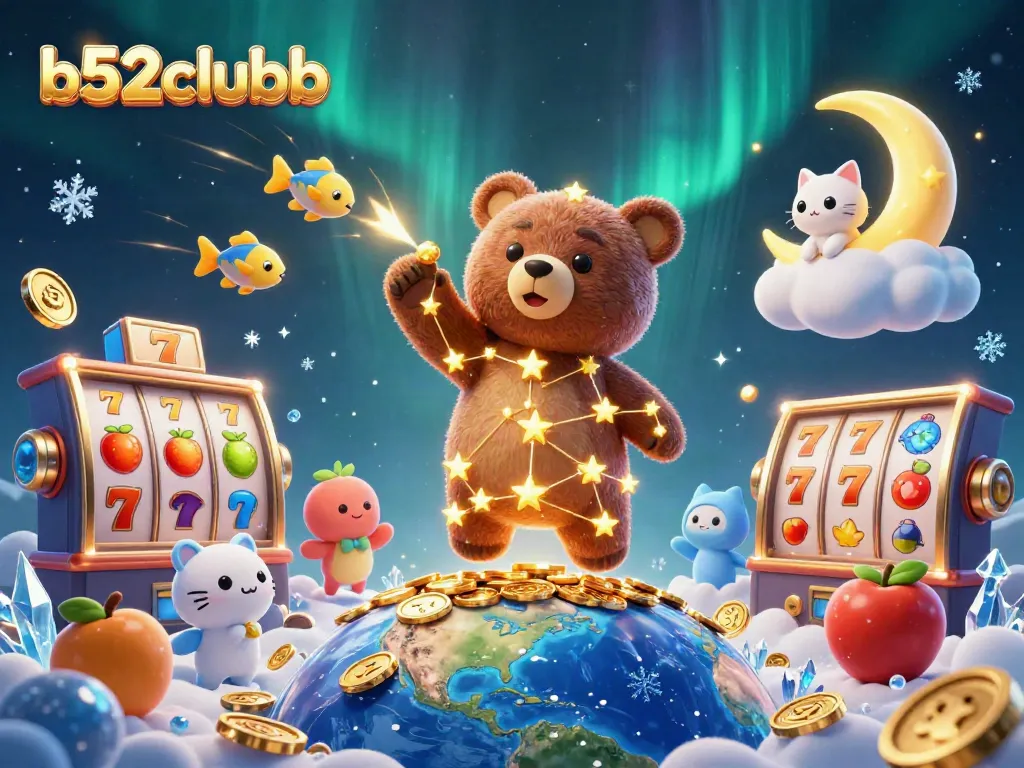 Bettors at b52clubb enjoy thrilling slot games with a golden constellation bear scooping coins.