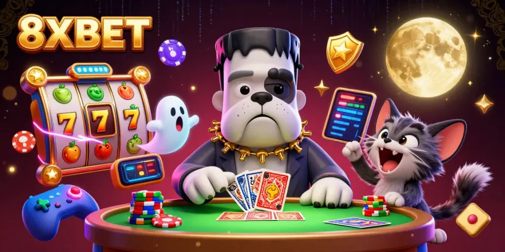 Experience the thrilling action at 8XBET with a vibrant casino scene featuring unique characters and slot game elements.