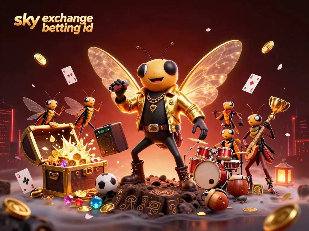 Engage with the sky exchange betting id scene featuring a rock star cicada, vibrant gold treasures, and dynamic sports elements.