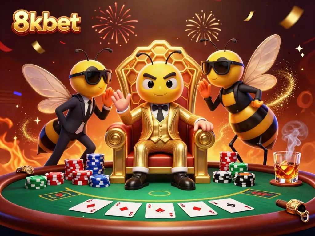 Engage in a thrilling poker game with 8xbet's animated characters amid vibrant casino décor.