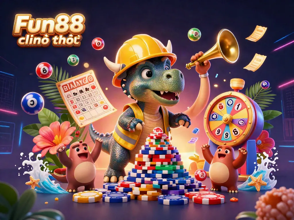 Engage with Fun88 chính thức at a vibrant casino scene, showcasing thrilling casino activities with lottery and bingo elements.