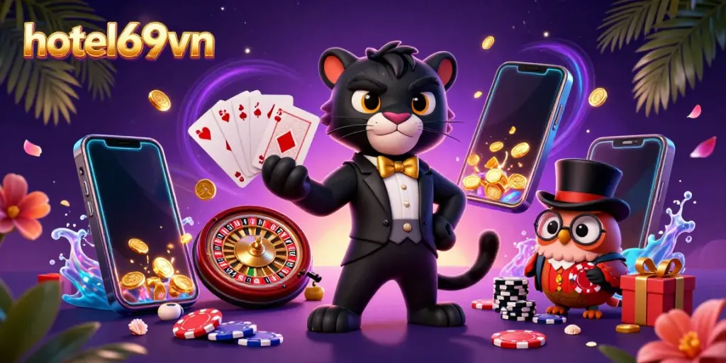 Experience the excitement at hotel69vn with a stylish black panther dealer, colorful games, and lucky characters.