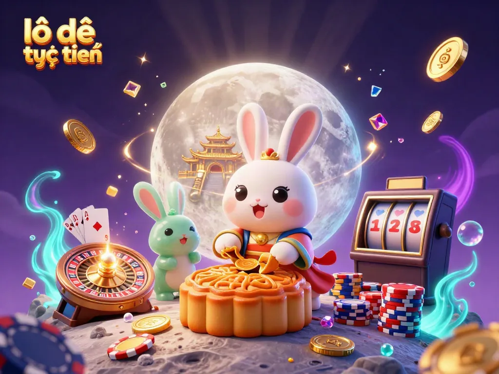 Experience the excitement of lô đề trực tuyến with a magical moon rabbit scene filled with casino elements and treasures.