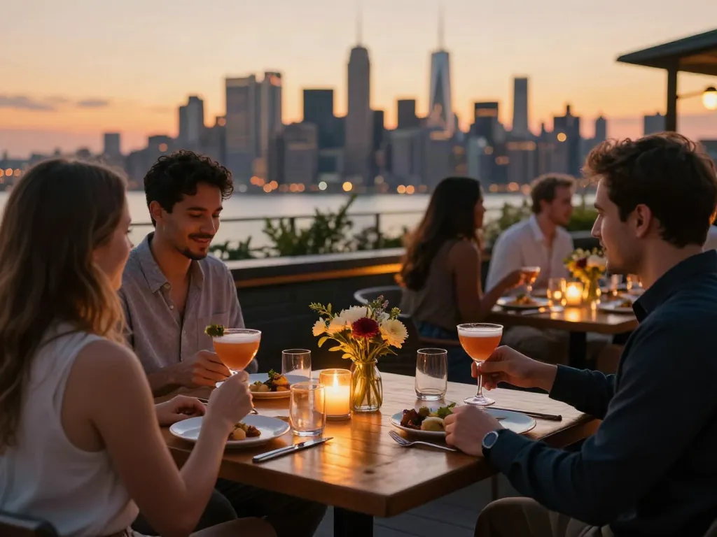 Guests savoring cocktails at NoHu Rooftop Bar with NYC skyline views during sunset.