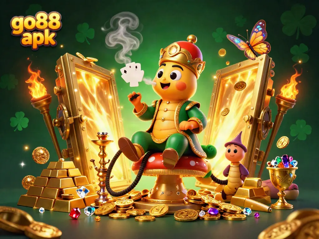 Experience thrilling gaming with go88 apk, featuring a vibrant 3D illustration of a caterpillar master and poker symbols.