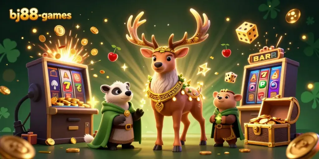 Experience exciting wins with bj88-games as 3D characters celebrate a casino jackpot.