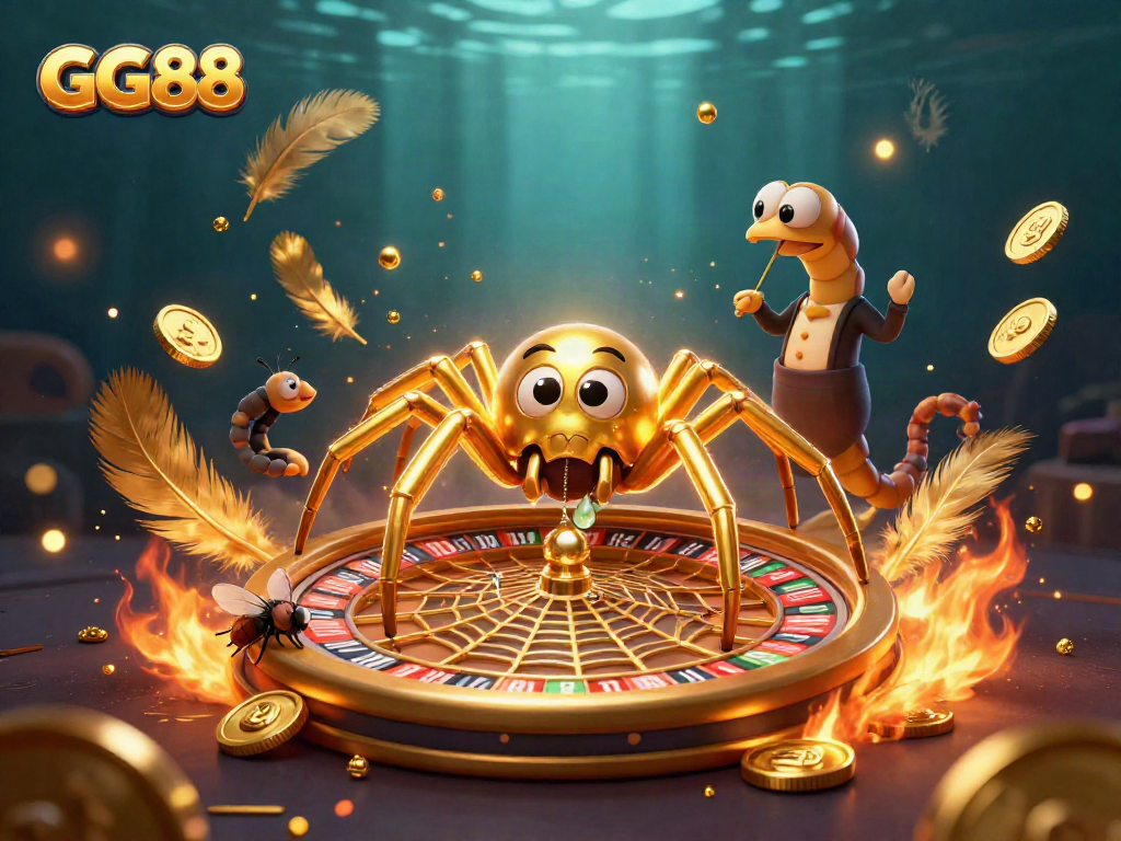 Bet with GG88 at the roulette wheel featuring a golden spider and centipede croupier.