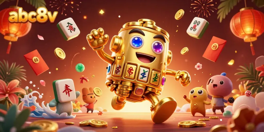 abc8v brings excitement with a golden golem, slot symbols, and festive elements in a vibrant casino scene.