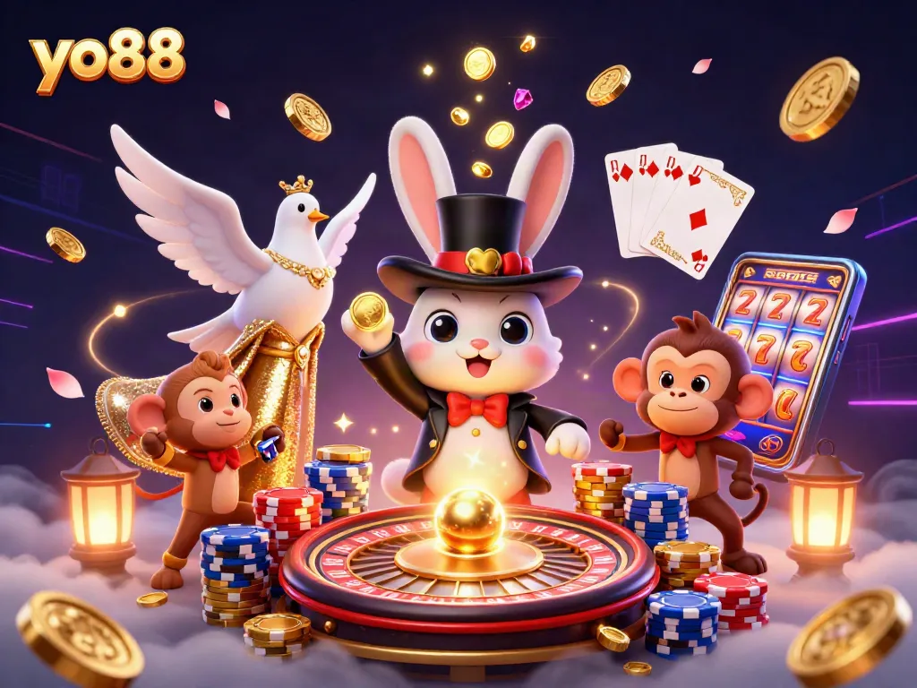 Experience excitement at yo88 with a magician rabbit pulling coins amid vibrant casino elements.