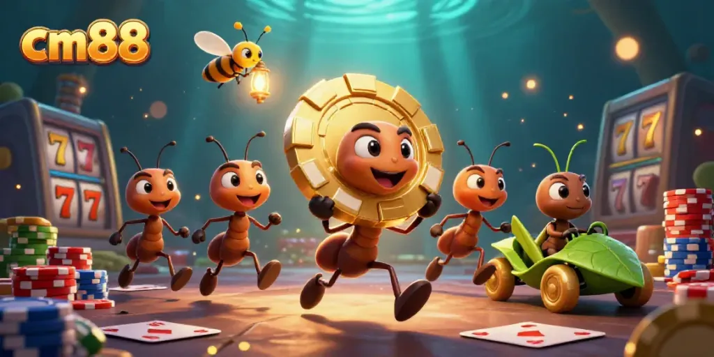Experience the thrill of cm88 as playful ants execute a heist, showcasing casino elements like poker chips.