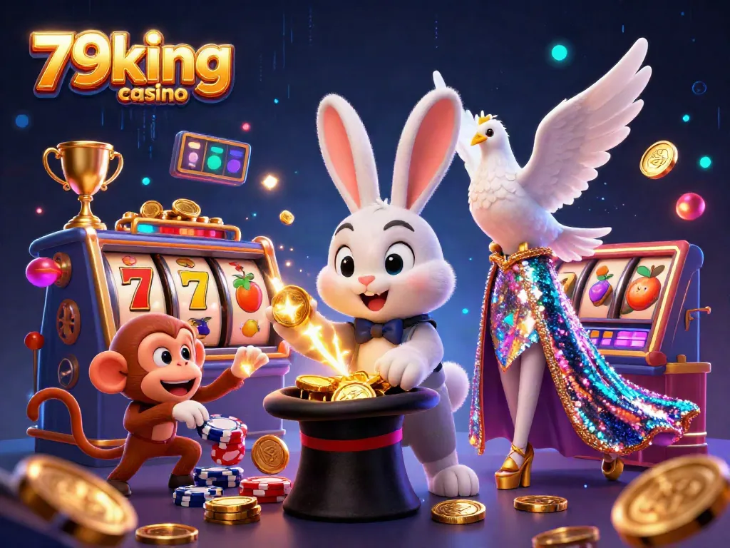 Engaging scene with the 79king casino magician rabbit, dove, and monkey amid dazzling casino elements.