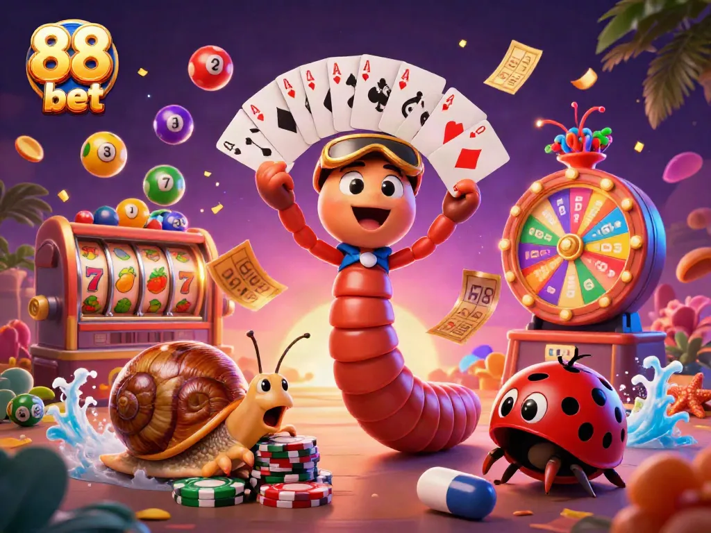 Experience thrilling casino action with 88 bet featuring a lively 3D millipede dealer card game scene.