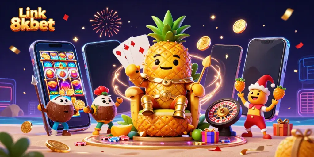 Spin and win with Link 8kbet featuring a king pineapple and energetic casino elements!