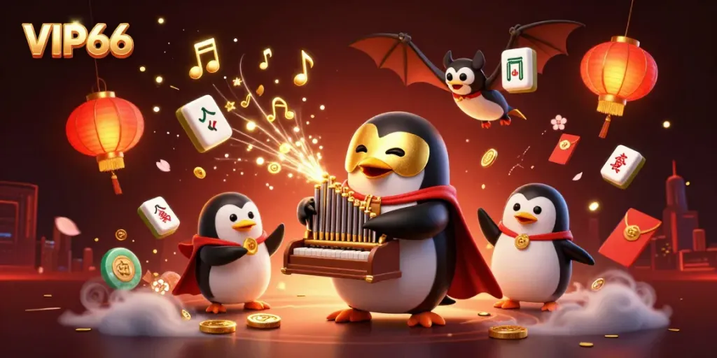 Experience VIP66 gaming with an engaging scene of a whimsical penguin playing music, surrounded by vibrant casino symbols.