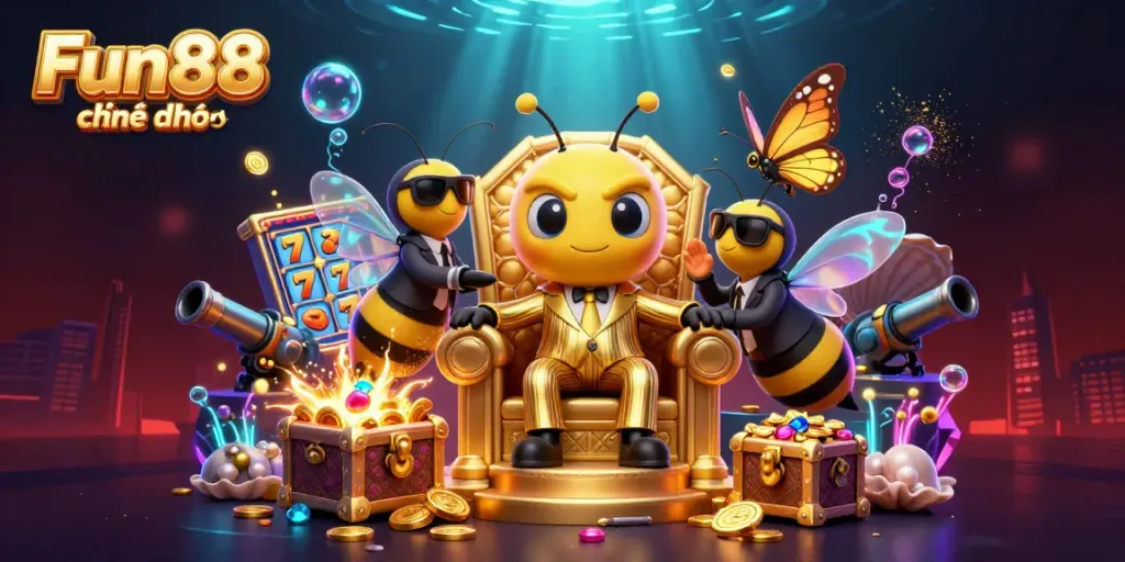 Engage with Fun88 chính thức in an ultra-detailed 3D casino illustration showcasing vibrant slots and dynamic game elements.