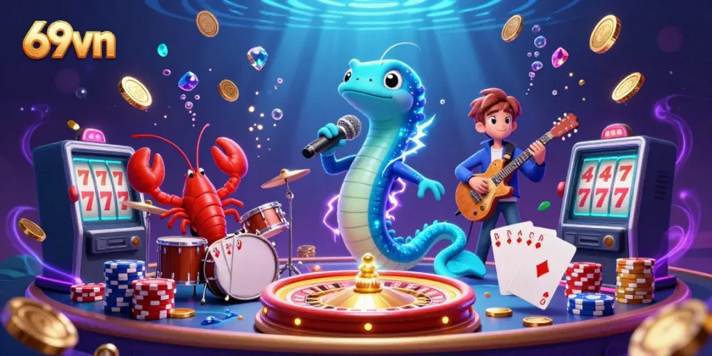 Experience the excitement of 69vn with vibrant characters and dynamic casino elements in an underwater scene.