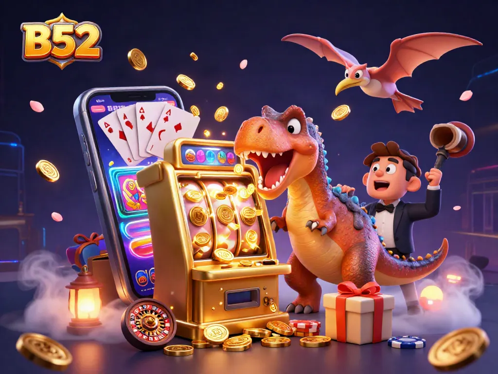 B52 themed casino scene with cartoon dinosaurs celebrating jackpot wins and dynamic gaming elements.