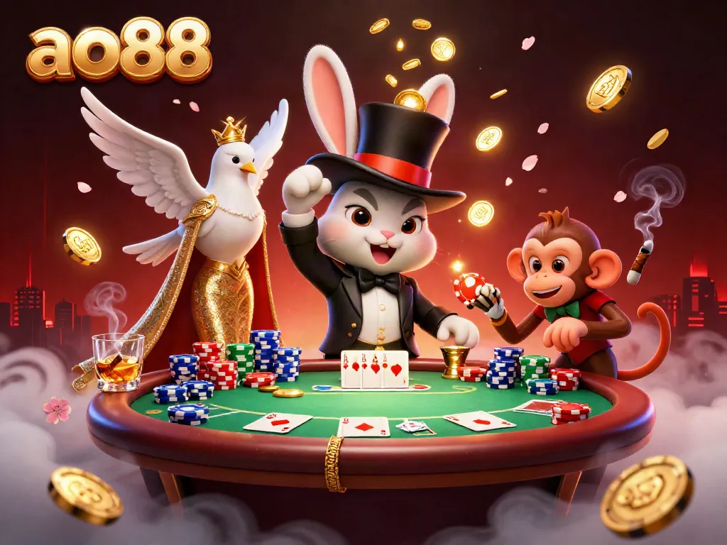 Experience the excitement of ao88 with a vibrant 3D illustration of a magical casino scene featuring a rabbit, dove, and monkey.