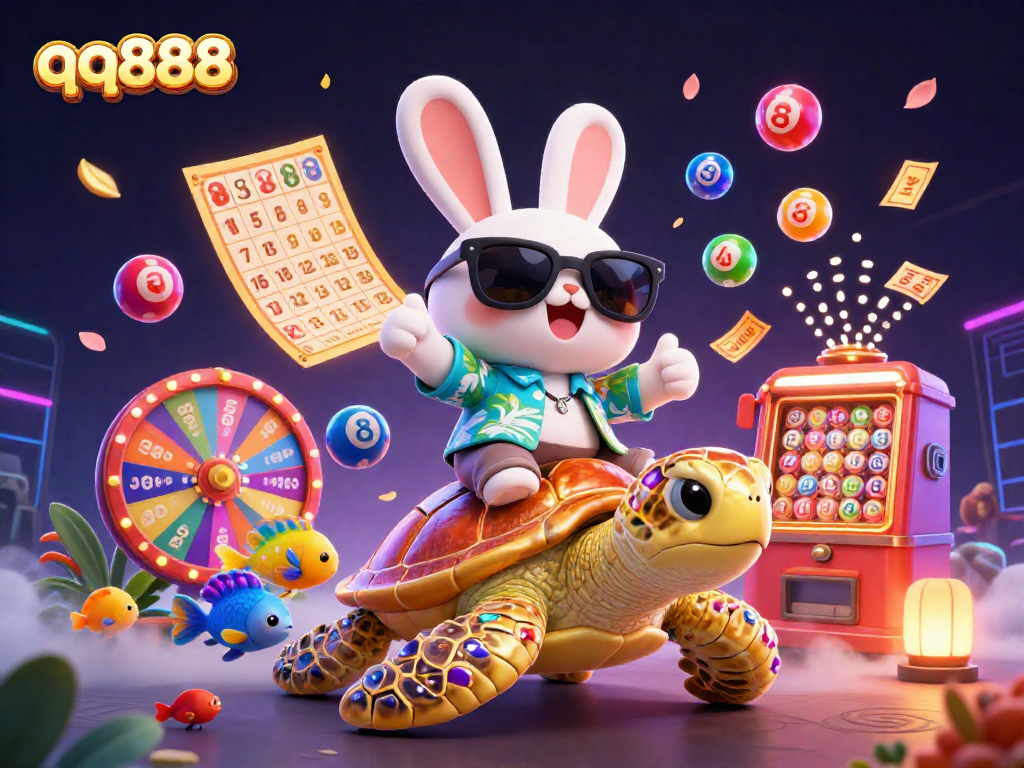 Engage in thrilling lottery fun with qq888 as a lucky rabbit rides a golden turtle amidst vibrant game elements.