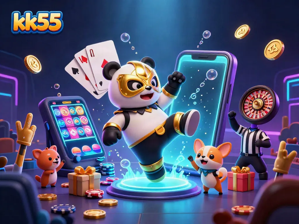 Experience thrilling gaming excitement with kk55 featuring a lucha panda and casino elements in stunning detail.