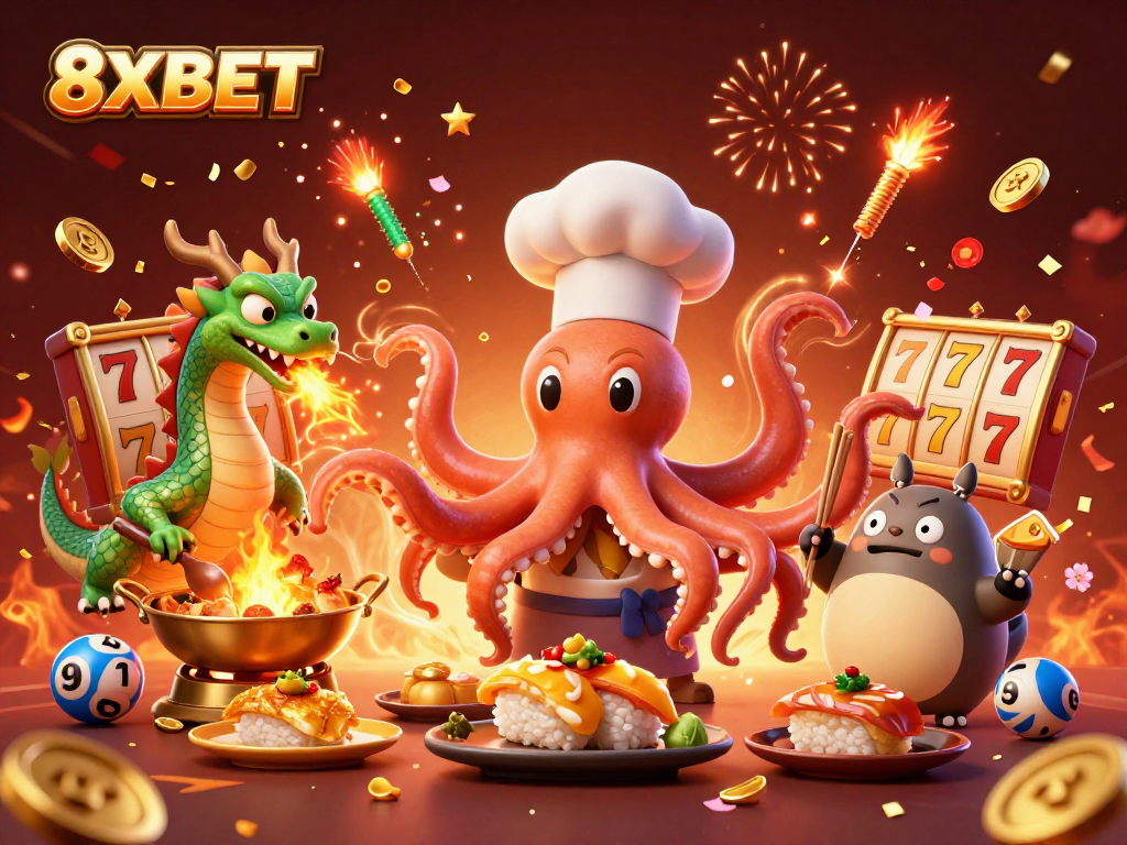 Experience excitement at 8XBET, with colorful characters and dynamic casino elements in a festive scene.