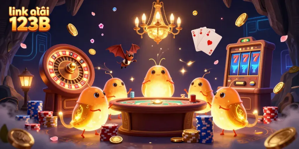 Engage with the excitement of link vào 123B in a vibrant 3D casino scene with glowing worms and a bat dealer.
