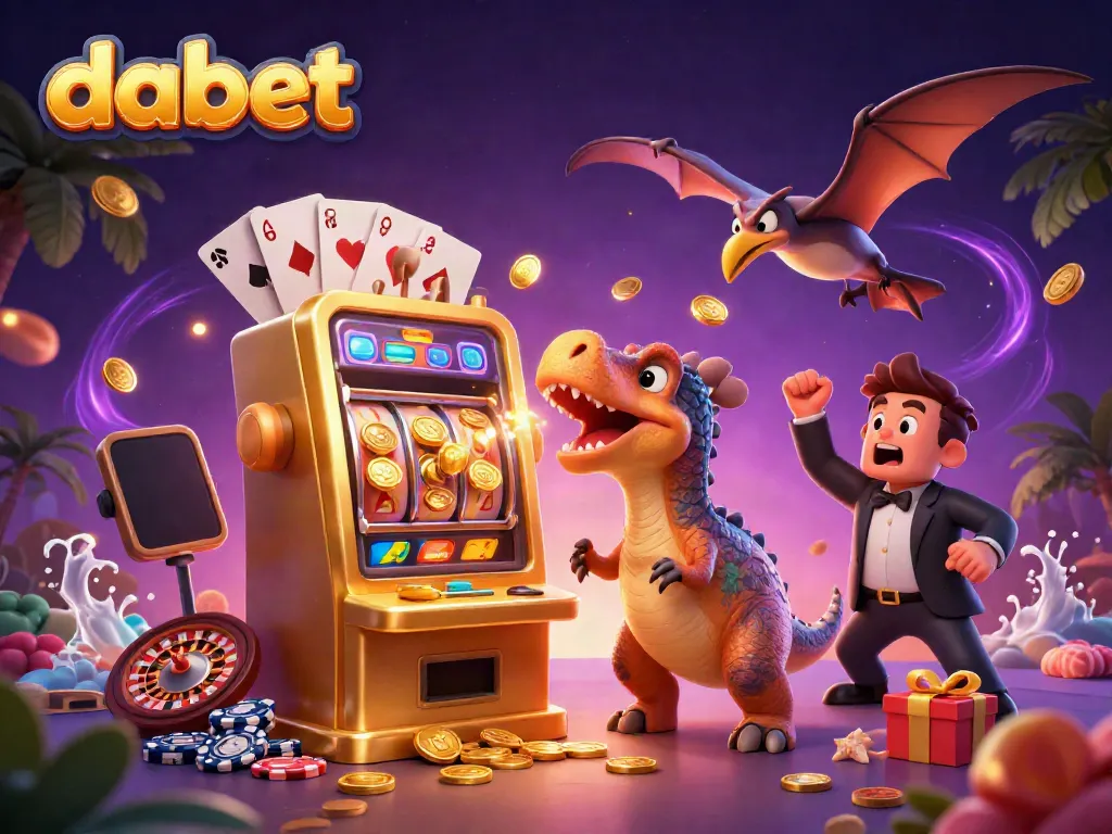 DABET showcases a charming scene featuring a pachycephalosaurus jackpot celebration with coins and dynamic slot elements.