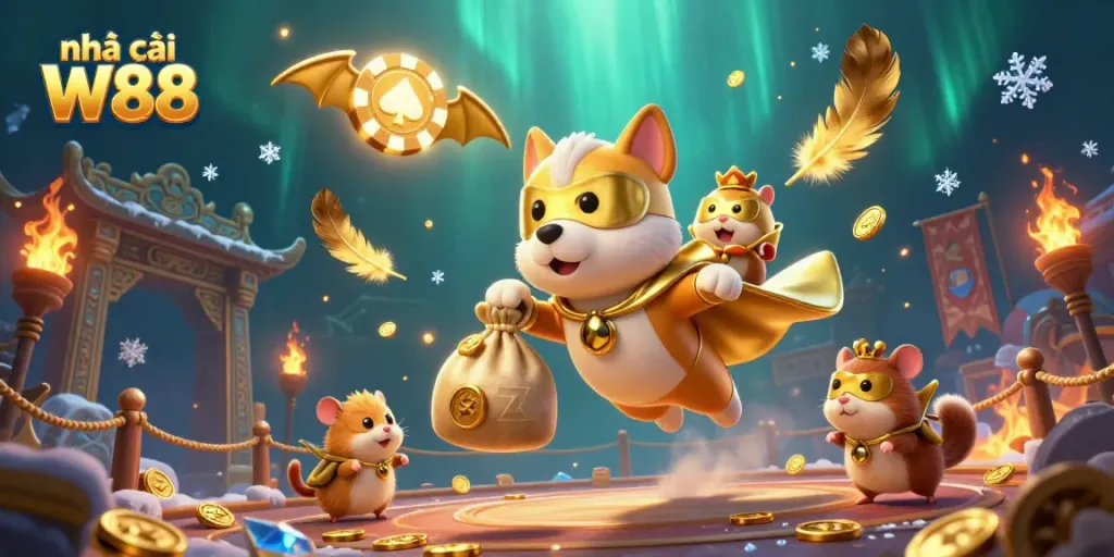 Engaging scene showcasing nhà cái W88 with superhero dog and hamster among gold coins and casino elements