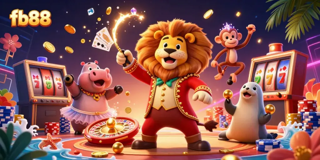 Experience the excitement of fb88 with an engaging 3D carnival scene portraying lively casino elements.
