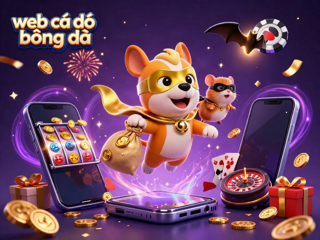 Experience web cá độ bóng đá with our vibrant 3D superhero dog illustration surrounded by gaming elements.